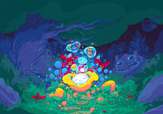 Apollo illustration: a small white character glowing among flowers in a dark forest, with bubbles floating up around it.