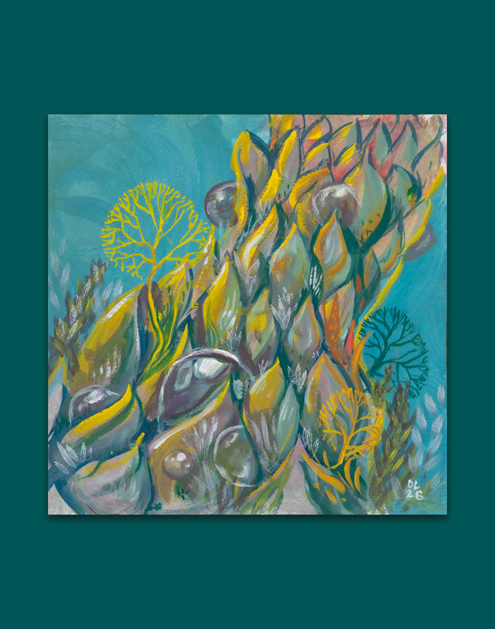 Casein painting of a tall scaly spire rising through teal water, with glassy bubbles and coral fans around it.