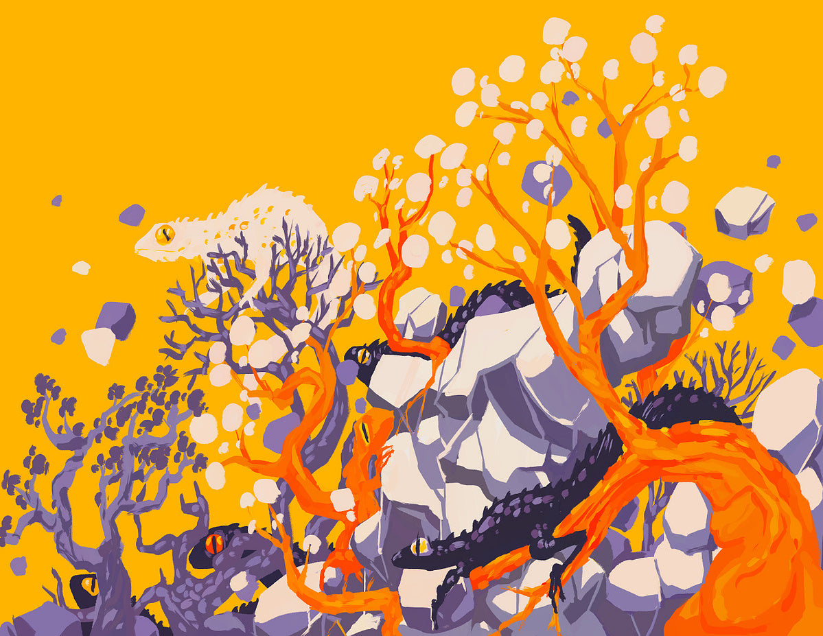 Pale gecko and dark spiny lizards hiding among lavender boulders, orange branches and white blossoms on a golden yellow background.