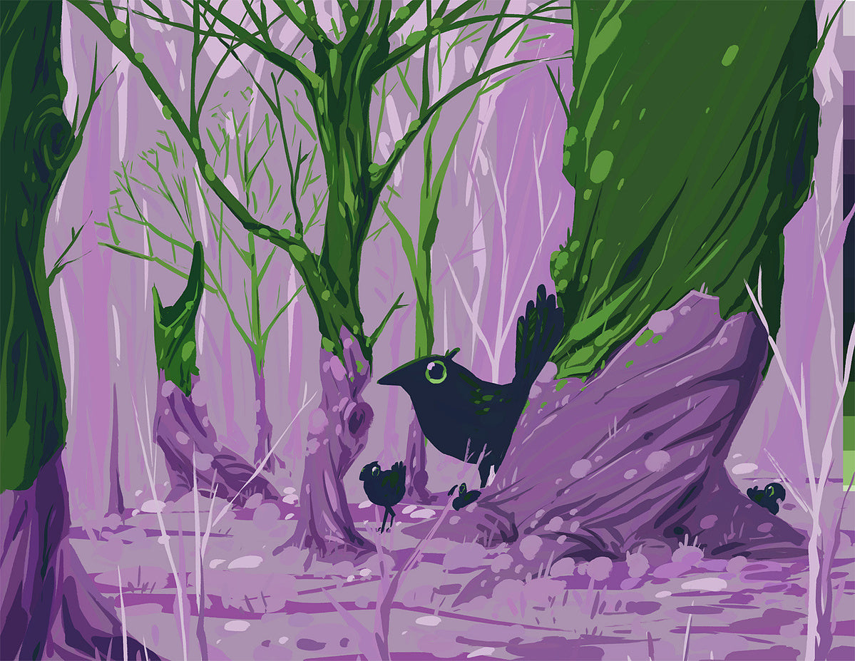 Round black bird with a few small chicks in a lavender forest with moss-covered trunks.