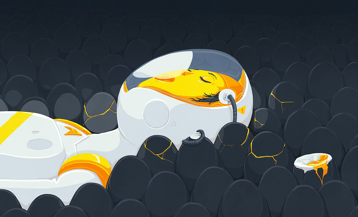 Sleeping figure in a white egg-like suit with a yolk-yellow face, lying among dark eggs that are cracking open with gold.