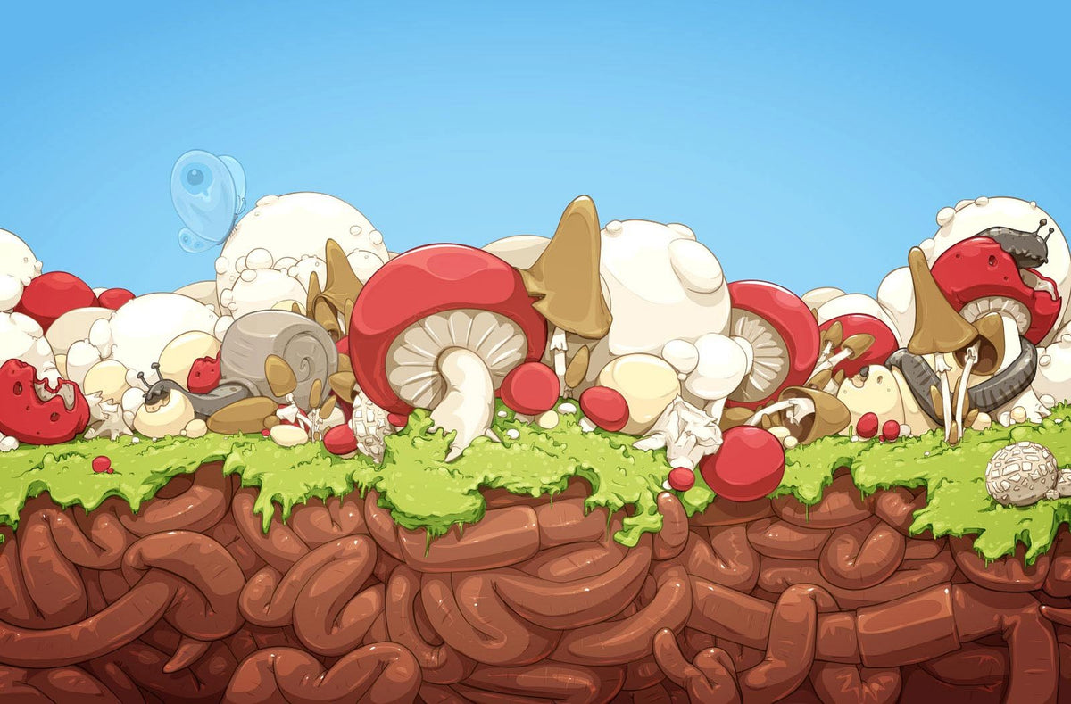 A stylized cartoon landscape showing a cross-section of brown soil with green moss and numerous red, white, and tan mushrooms under a light blue sky.