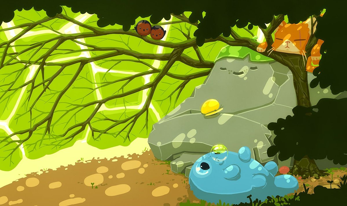 Sleepy mossy boulder, an orange cat napping in the branches and a blue blob lounging under a sunlit canopy of leaves.