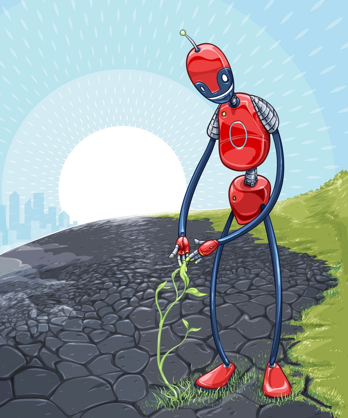 Tall red robot bending over a green sprout in cracked, dry ground, with grass creeping back and the sun rising over a distant city.