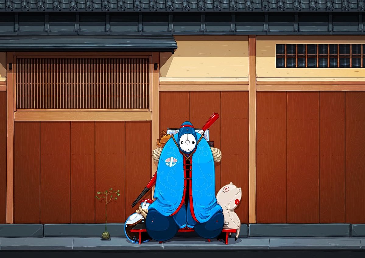 An illustrated anime-style scene showing a character wrapped in a bright blue cloak with red trim, seated in front of a traditional wooden building. A small white dog sits beside the character, and a tiny potted plant is on the ground nearby.