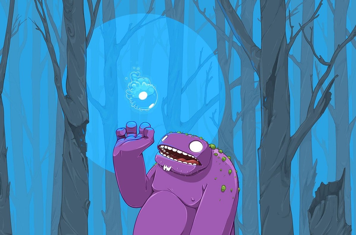 A stylized illustration of a purple monster with green spots standing in a blue-toned forest, reaching toward a glowing bubble in the air.