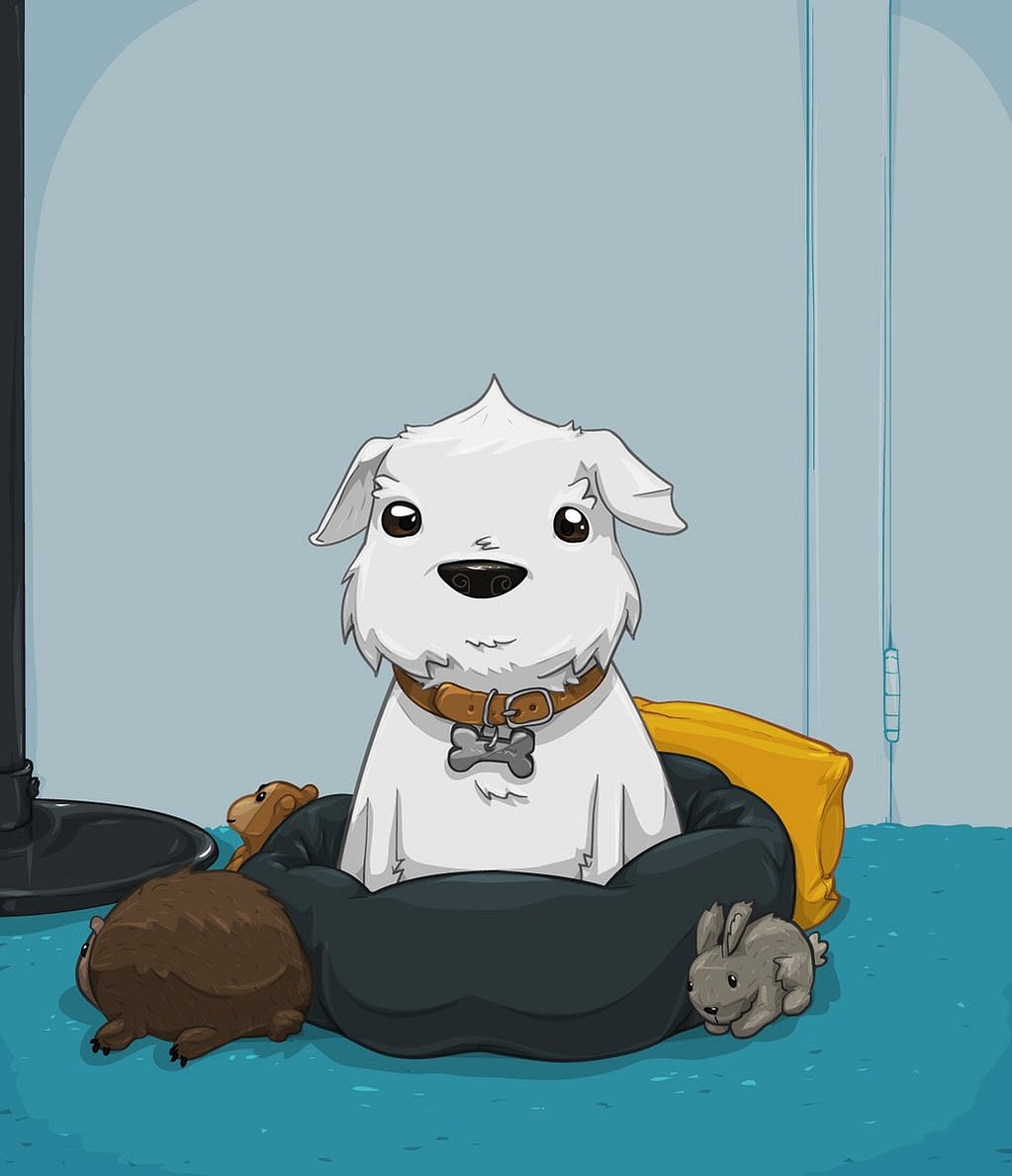 A cartoon-style illustration of a white dog sitting in a dark pet bed with a yellow cushion, surrounded by a brown guinea pig, a gray rabbit, and a small toy, against a light blue background.