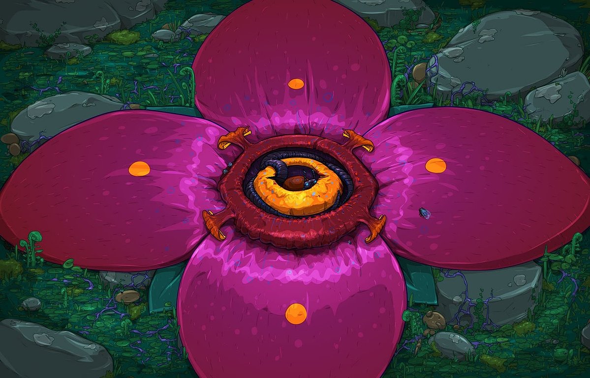 A stylized fantasy illustration of a large magenta flower with glowing orange spots and a circular yellow-and-black center, set in a mossy rocky environment.