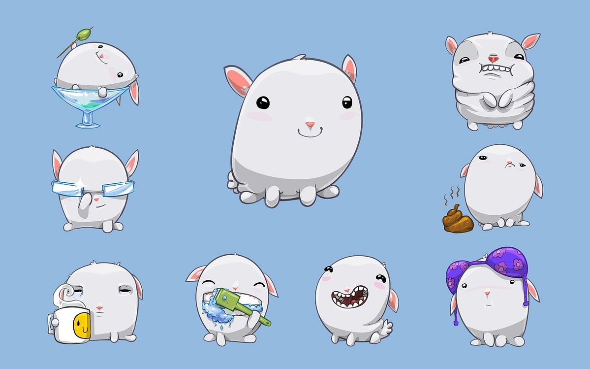 Sticker set of a round white bunny on light blue: grinning, sitting in a teacup, holding a toothbrush, wearing a purple wig and more.