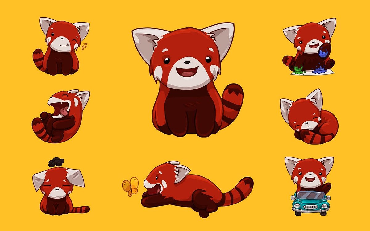 Red panda sticker set on yellow: sitting, laughing, sleeping, chasing a butterfly and driving a small blue car.