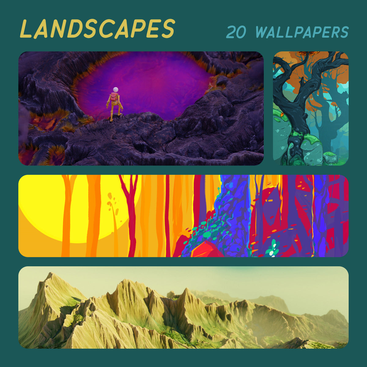 A promotional collage for a wallpaper set titled "LANDSCAPES" with "20 WALLPAPERS" in teal text. The collage shows four landscape-themed wallpaper panels: a purple cavern scene with a small figure, a dark tree-like forest, a bright yellow and orange abstract landscape, and a mountain range in muted beige and green tones.
