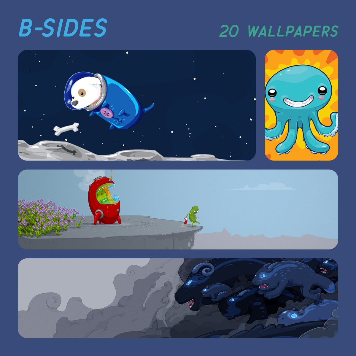 A promotional graphic for a wallpaper pack titled 'B-SIDES' with '20 WALLPAPERS' at the top. The image shows three sample wallpaper panels: a cartoon dog astronaut floating on a moon, a smiling blue octopus on a yellow sunburst background, a small green creature standing on a cliff next to a red monster, and dark blue wolf-like creatures in a stormy gray landscape.