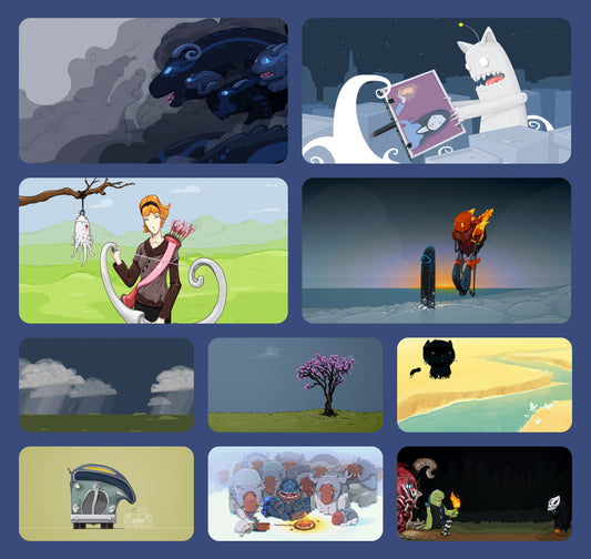 Preview grid of B-Sides pack wallpapers: storm wolves, a white creature with a sketchbook, an archer, a lone cherry tree, a beach and more.