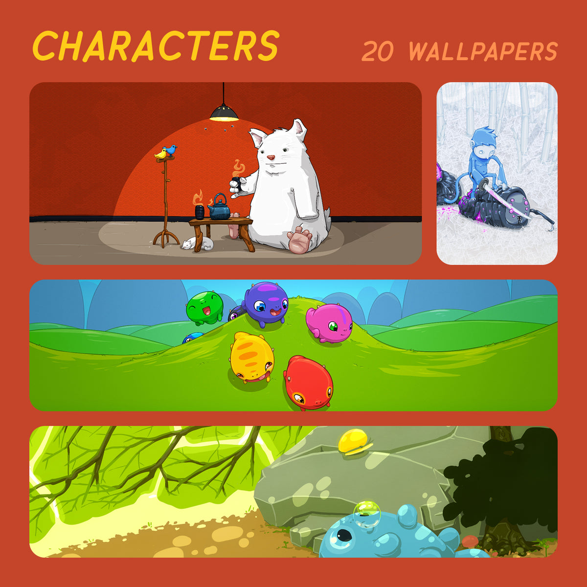 A promotional graphic for a wallpaper pack featuring cartoon characters and scenery. The top text reads 'CHARACTERS' and '20 WALLPAPERS'.