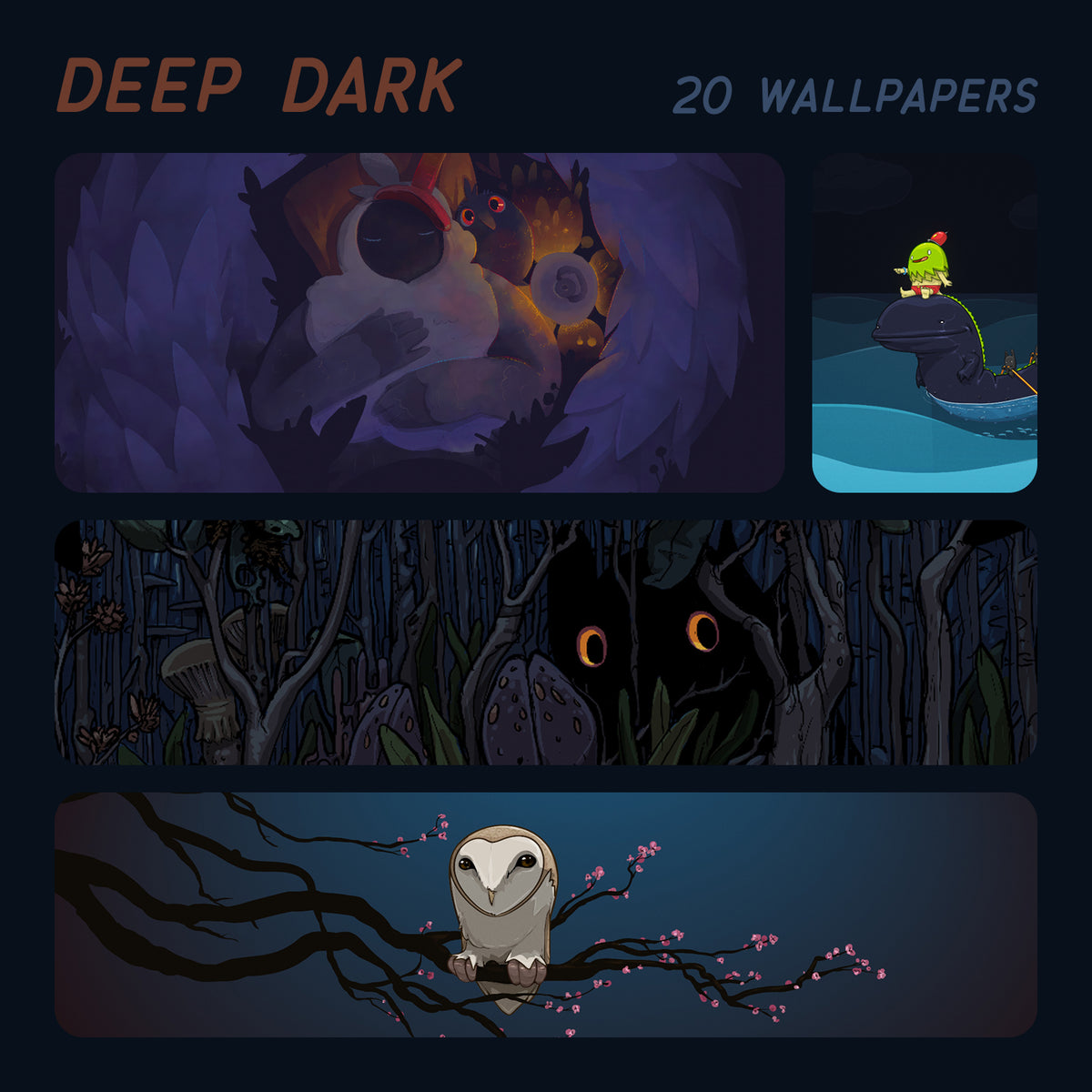 A promotional collage for a wallpaper pack titled "DEEP DARK" with "20 WALLPAPERS" at the top. The design shows four dark fantasy-style panels: a cave scene with glowing eyes, a small green character in a boat, a forest with glowing orange eyes, and an owl on a branch with pink blossoms.