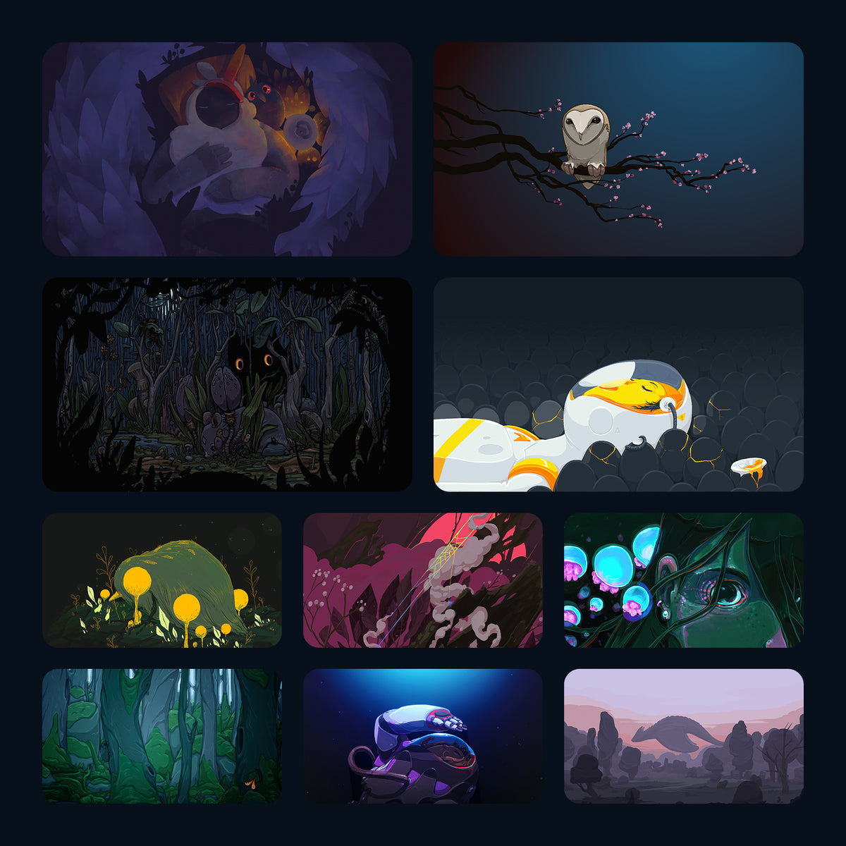Preview grid of Deep Dark pack wallpapers, including Night Owl, Egg Breath and Smoke and Mirrors, plus glowing eyes in dark forests.