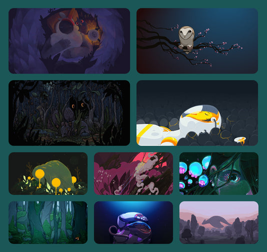 Preview grid of Deep Dark pack wallpapers, including Night Owl, Egg Breath and Smoke and Mirrors, plus glowing eyes in dark forests.