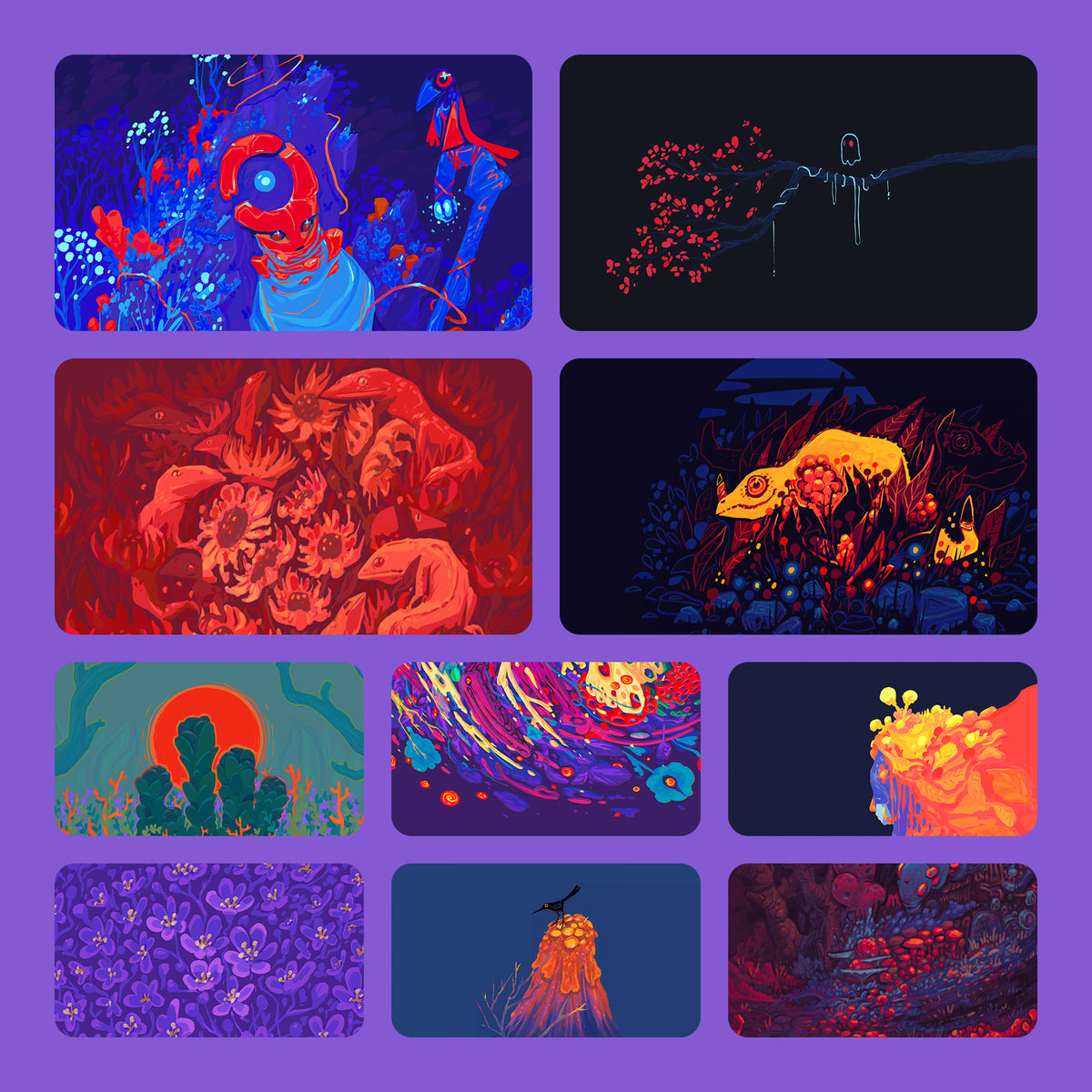 More Flora wallpapers, including Hole and Mental Weight, a golden lizard in red leaves and a field of purple flowers.
