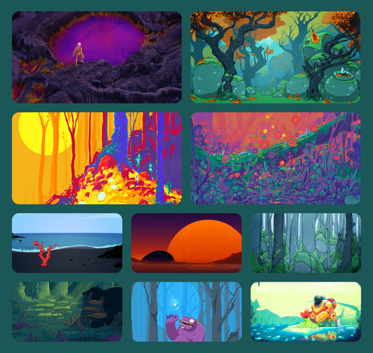 Preview grid of Landscapes pack wallpapers, including Pools, End of Fall, Sunset Forest, Sunset Swamp, Ghost of the Mello Marsh and Harvest.