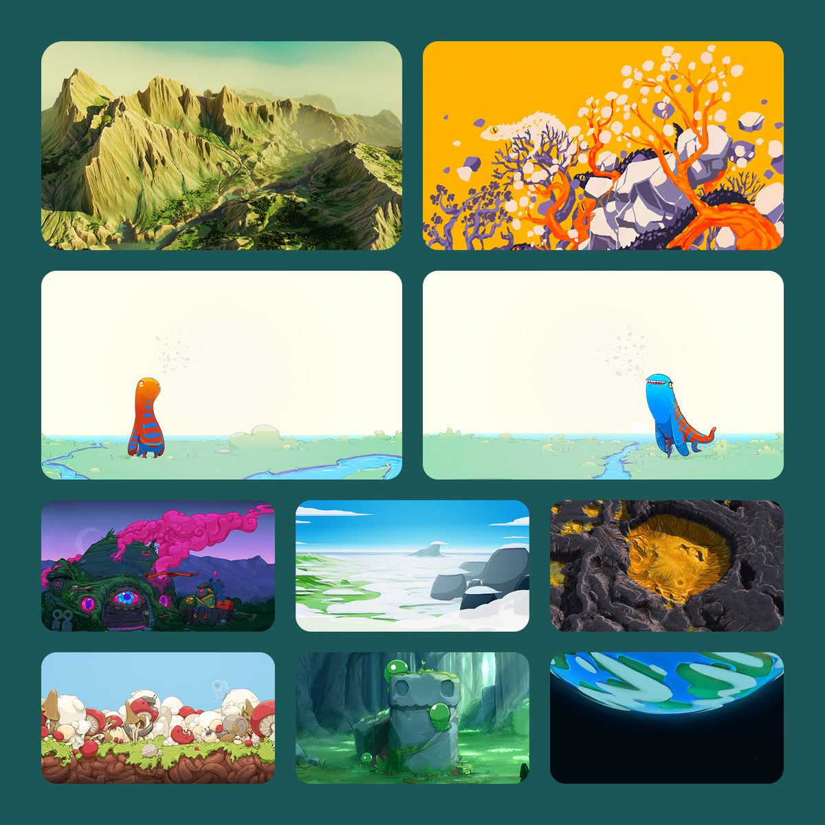 More Landscapes wallpapers, including Six Lizards, Smokehouse and Entropy, a mountain range and two creatures beside a river.