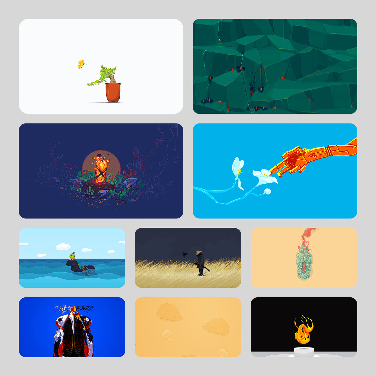 Preview grid of Minimal pack wallpapers, including The Collector, Hunter and Tinnitus, plus small creatures on simple branches.