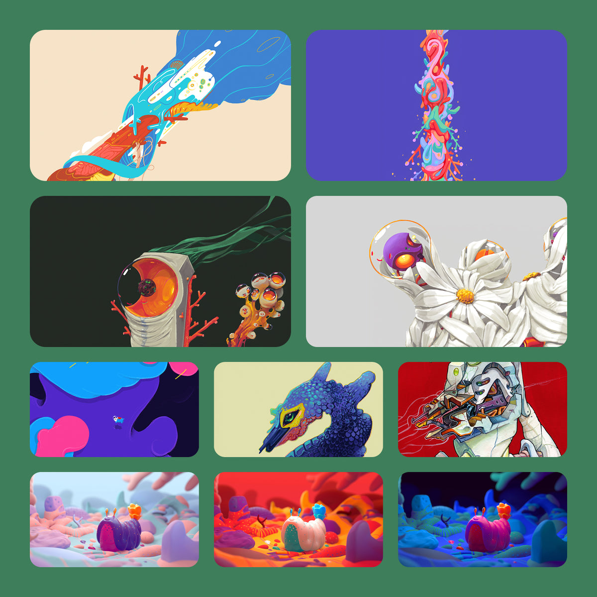 Preview grid of Organic Growth pack wallpapers, including Vessels, Dunnobot and three color versions of Afternoon Stroll.