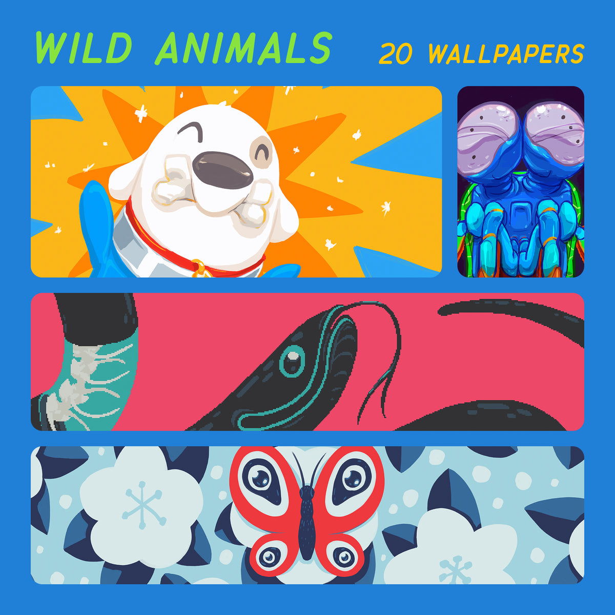 A promotional graphic for a wallpaper pack titled 'WILD ANIMALS 20 WALLPAPERS' on a bright blue background. It shows four sample wallpaper panels: a cartoon white dog on an orange burst, a blue insect design, a pink-and-black animal pattern, and a butterfly with floral motifs.