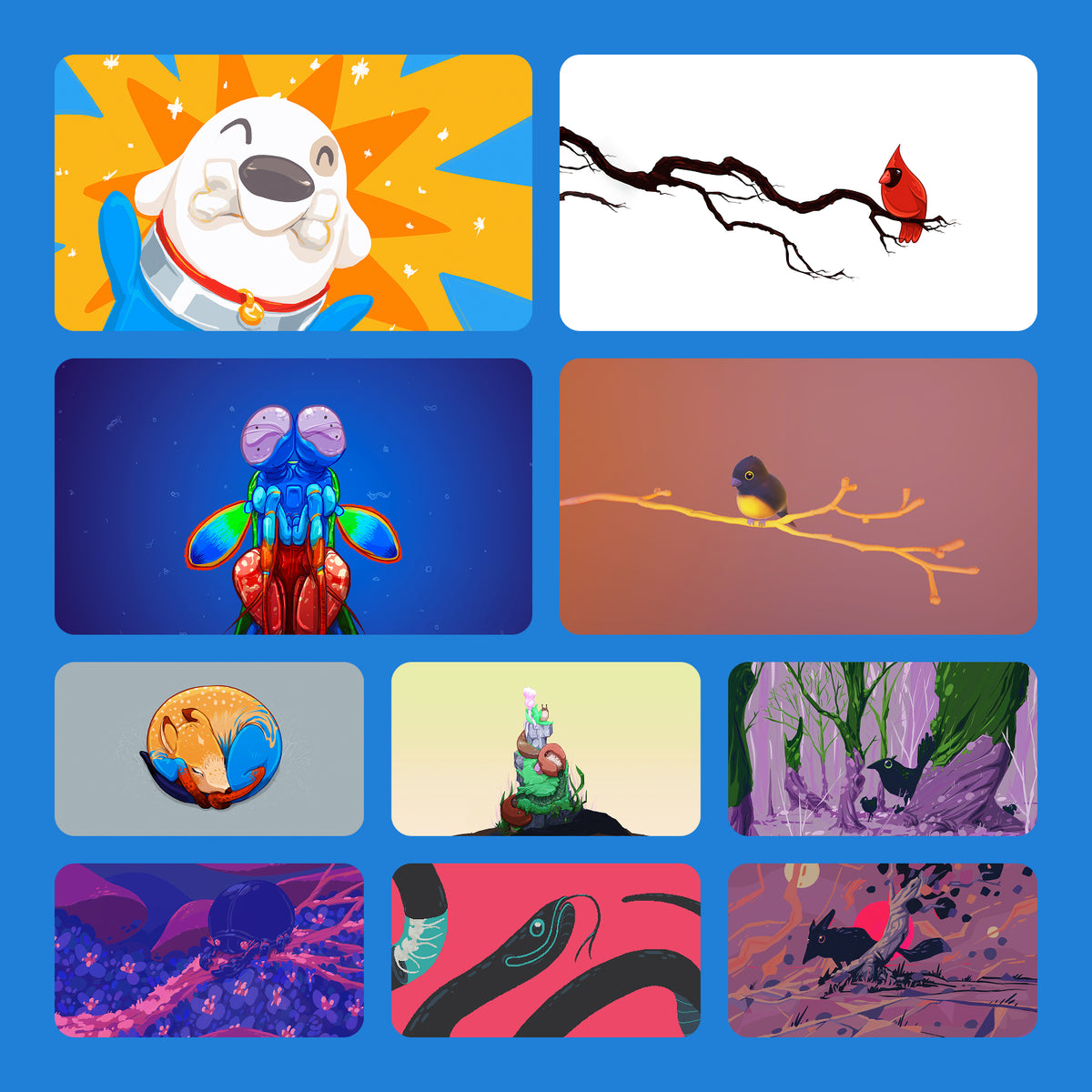 Preview grid of Wild Animals pack wallpapers, including Cardinal, Foal, Birb and Fox, a mantis shrimp and a black snake.