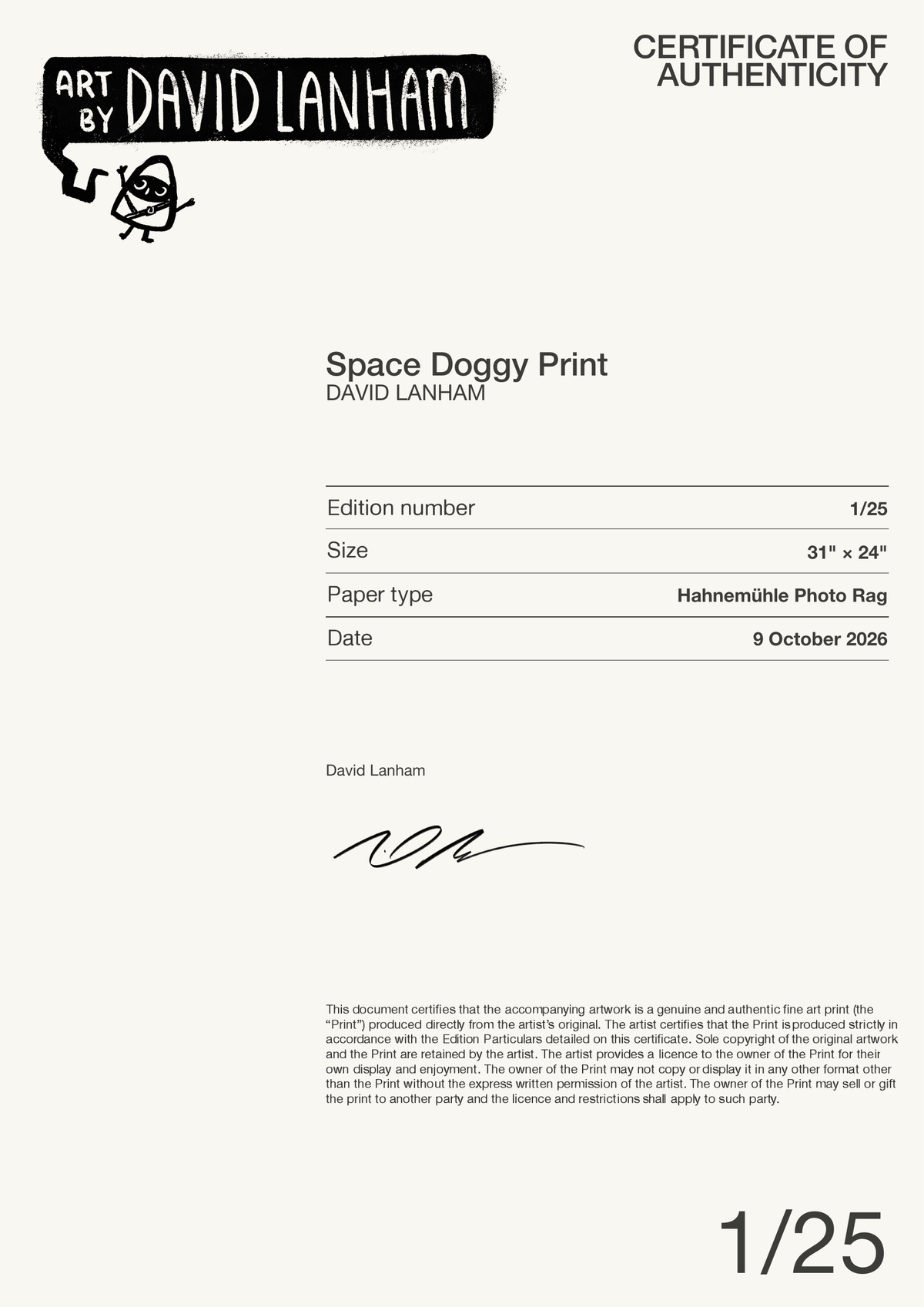 Space Doggy Print — Certificate of Authenticity