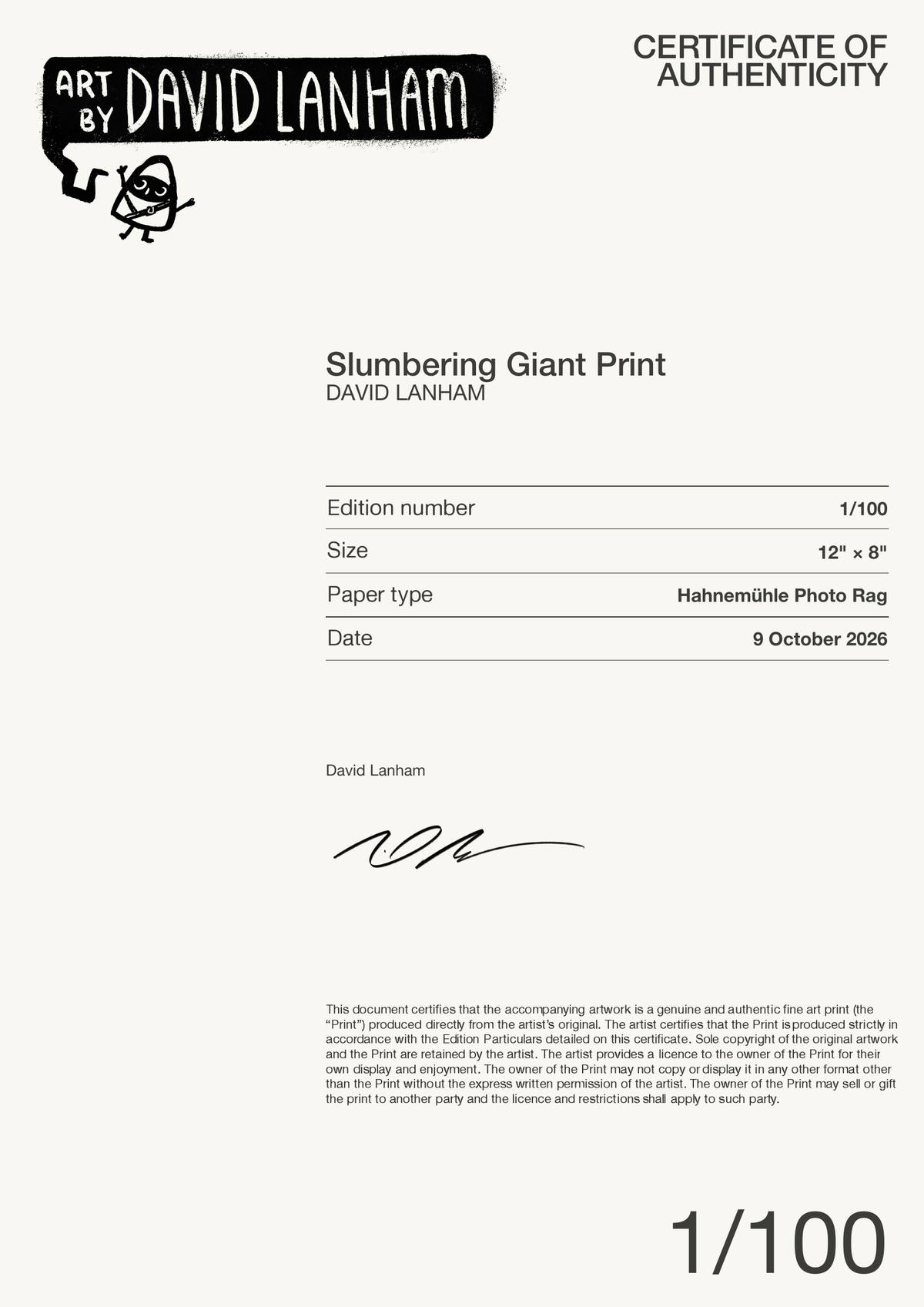 Slumbering Giant Print — Certificate of Authenticity