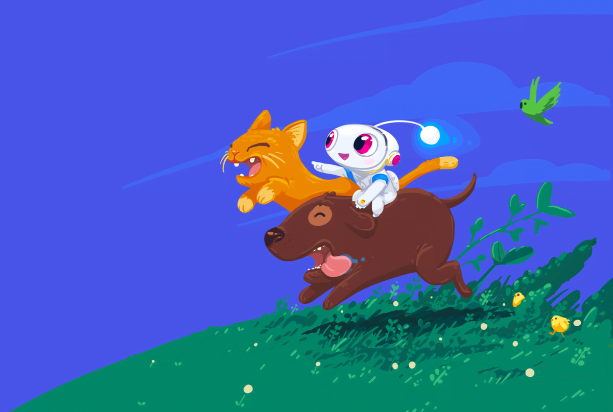 Apollo illustration: a white character riding a brown dog alongside an orange cat, racing up a green hill.