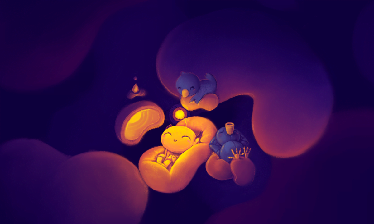Apollo illustration: a small glowing character napping on cushions beside a sleepy blue bird in a dark purple space.