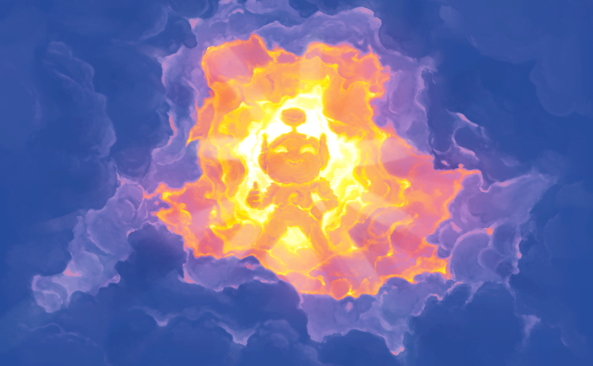 Apollo illustration: a glowing figure bursting through blue and purple clouds in fiery orange light.