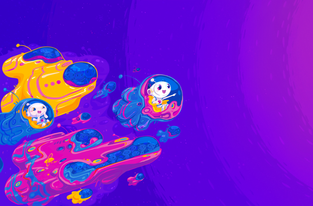 Apollo illustration: small white characters in bubble helmets riding colorful submarines through a purple sea.