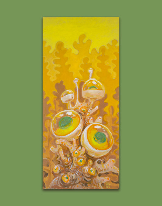 Acrylic painting of glossy yellow eye pods on mushroom-like stalks growing in a tall cluster.