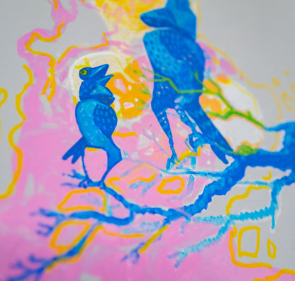 Family Traditions photographed at an angle, showing both birds on the branch and the texture of the paper.
