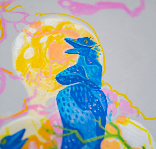 Close-up of the larger blue bird in Family Traditions, its spotted body and open beak against a glowing yellow moon.