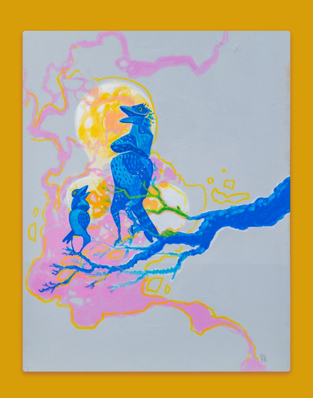 Acrylic painting of two blue birds on a blue branch, a big one and a little one calling up toward a glowing yellow moon, with pink and yellow swirls on pale gray paper.