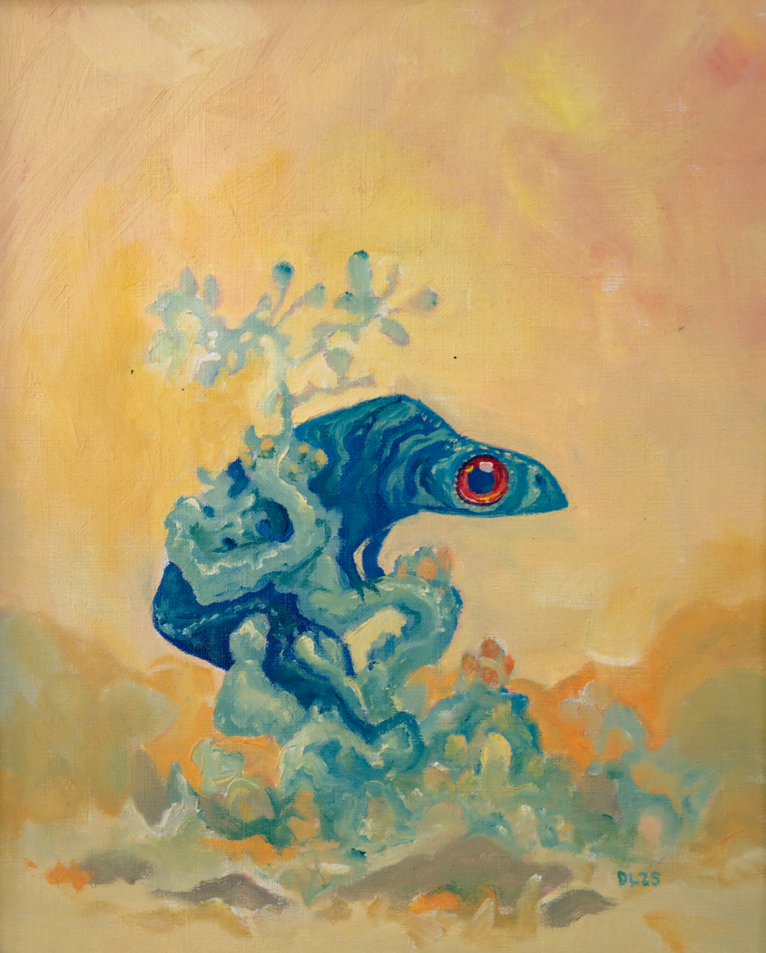 Oil painting of a blue lizard with a bright red eye clinging to a blue-green desert plant in a hazy yellow and peach landscape.