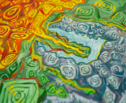 Close-up of RAWWRRR, showing the orange swirls and the gray rosettes along the jagged mouth.