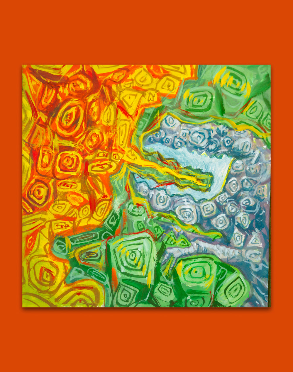Casein painting of swirling orange and green patterns parting around a jagged pale mouth lined with gray rosettes.