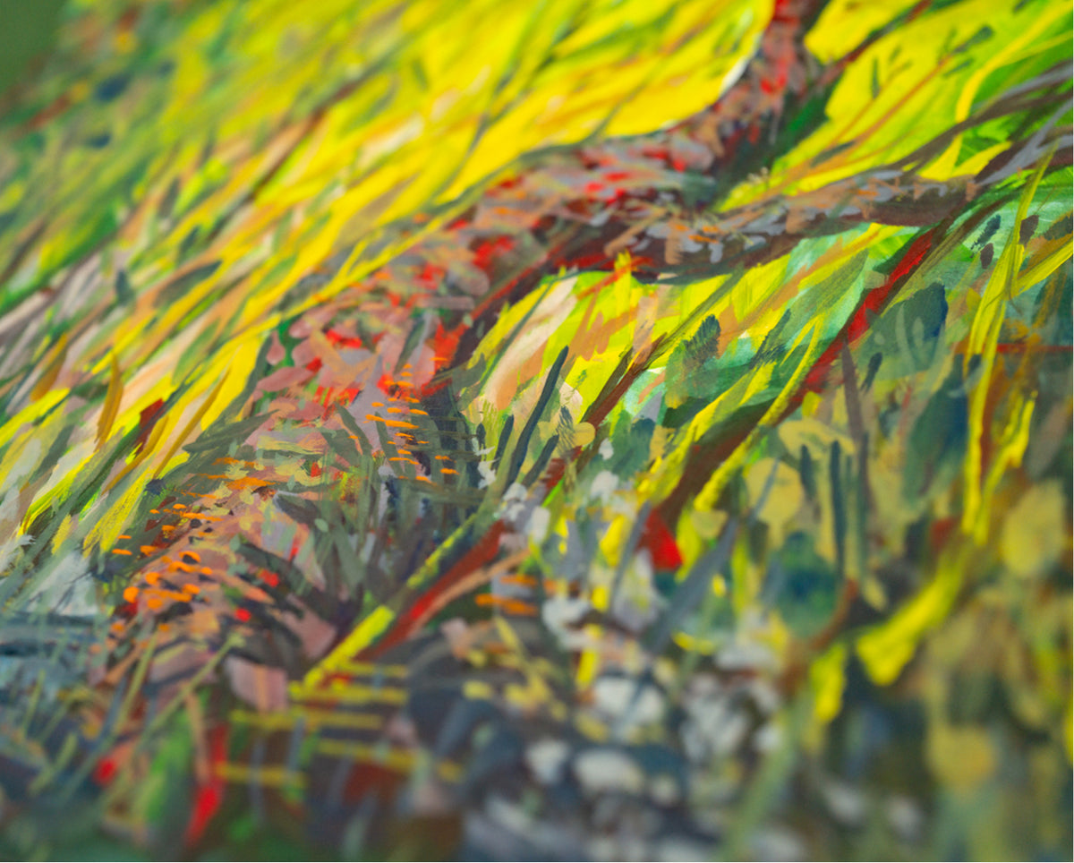 Close-up of Sanctuary, showing the red-speckled trunk and layered yellow and green brushstrokes.