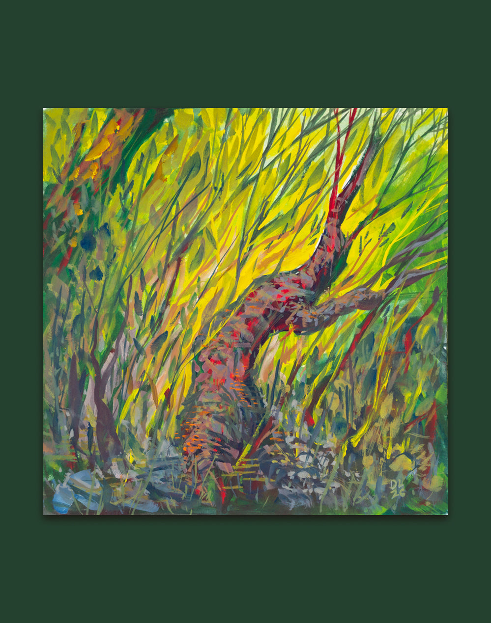 Casein painting of a red-speckled trunk curving through dense yellow and green grass strokes.