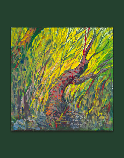 Casein painting of a red-speckled trunk curving through dense yellow and green grass strokes.