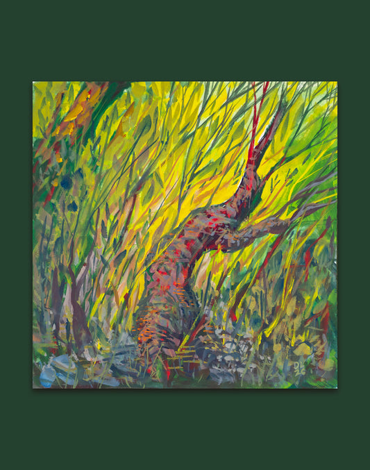 Casein painting of a red-speckled trunk curving through dense yellow and green grass strokes.