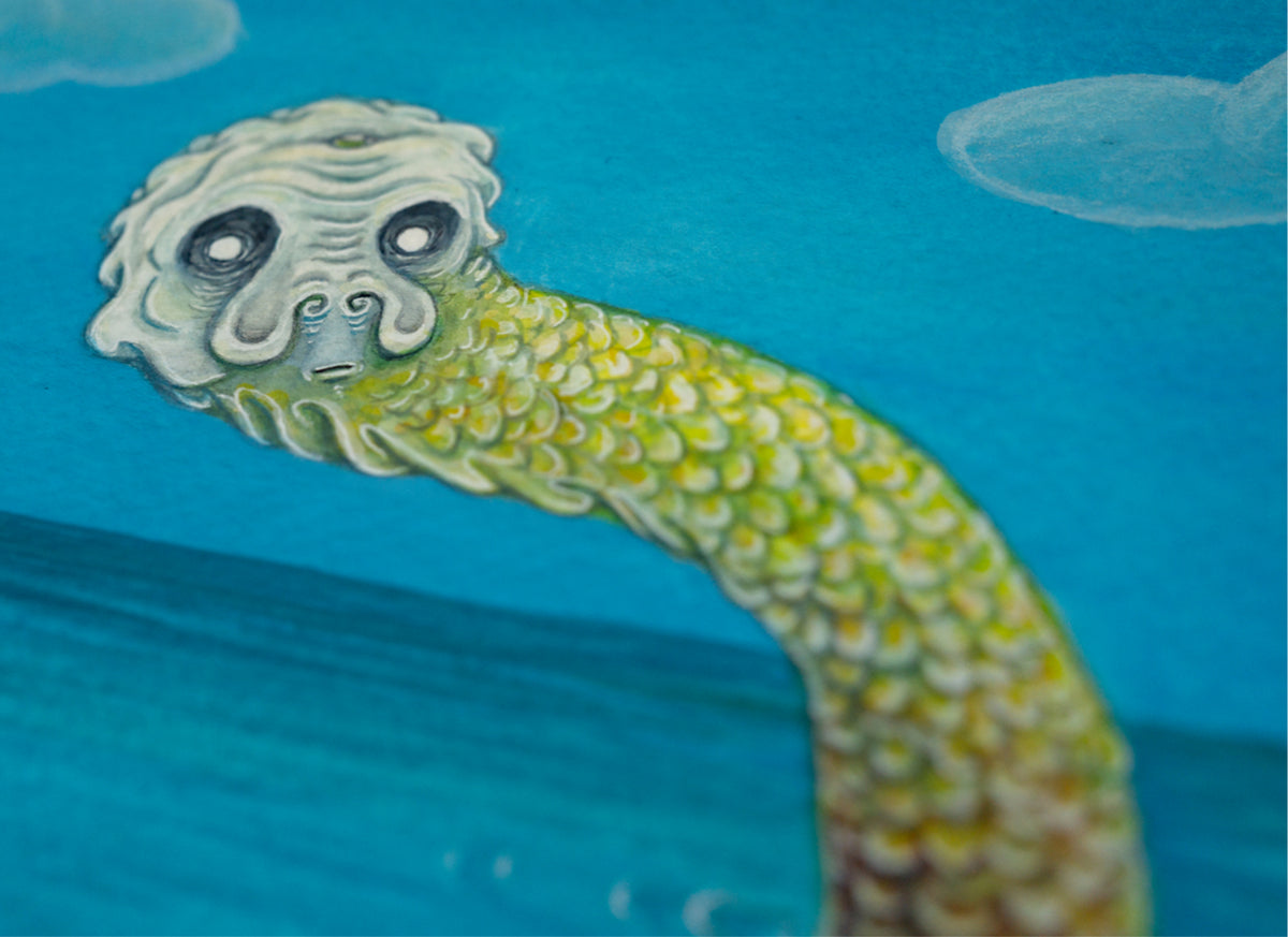 Close-up of Swim Lessons, showing the creature's pale face and scaly green neck against a blue sky.
