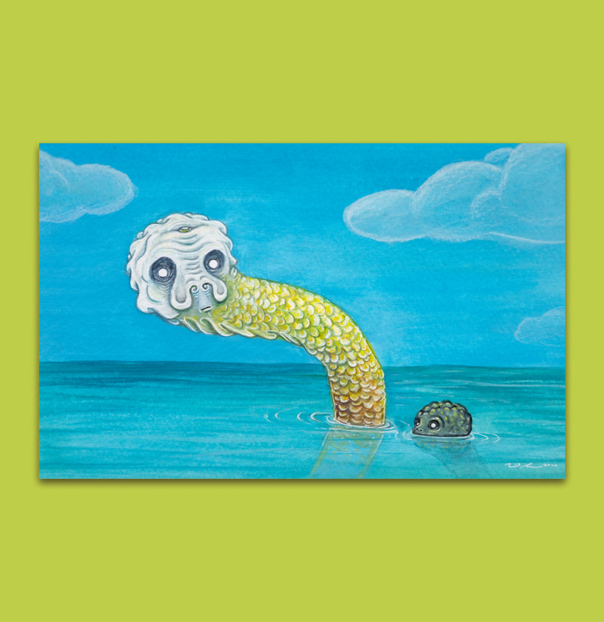 Gouache painting of a pale-faced long-necked sea creature in the ocean, a small one peeking out of the water beside it.