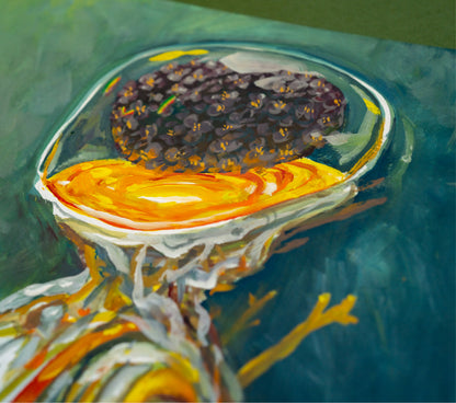 Close-up of Thinking of You, showing the glassy dome, the dark seed cluster and the glowing yellow layer beneath.