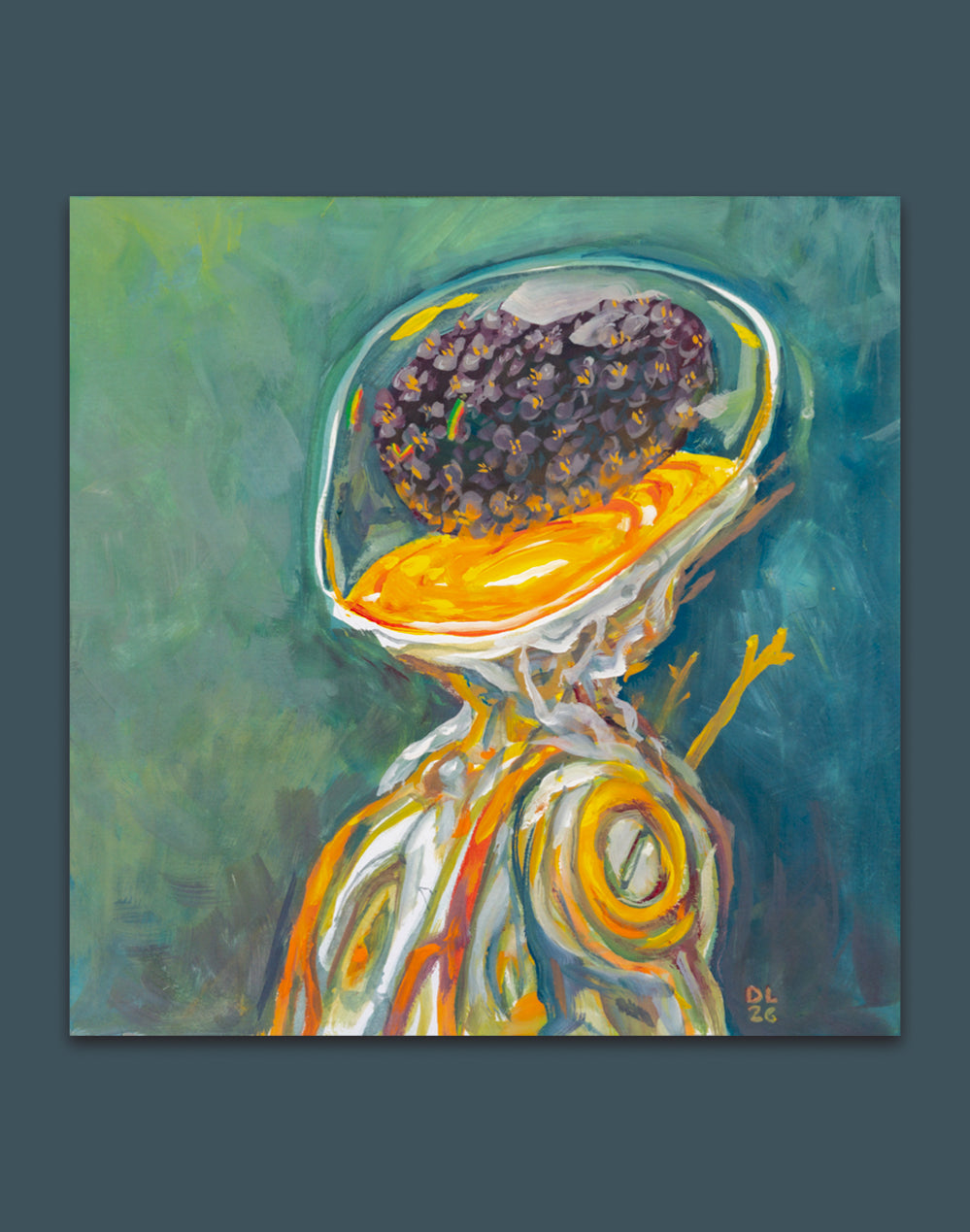 Casein painting of a ribboned creature with a glass dome head holding a dark seed cluster over a glowing yellow layer, on teal.