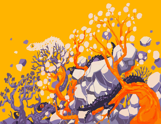 Pale gecko and dark spiny lizards hiding among lavender boulders, orange branches and white blossoms on a golden yellow background.